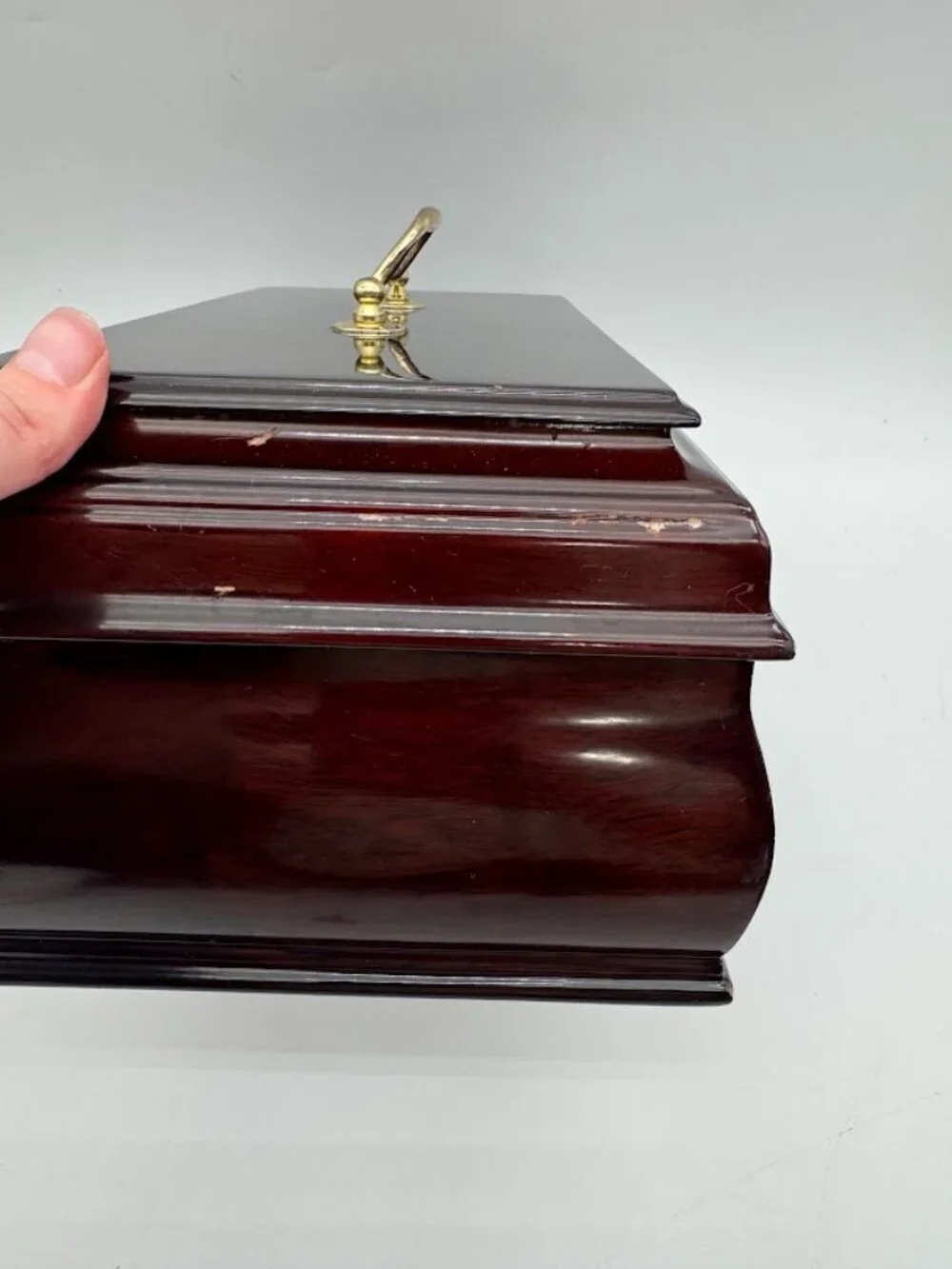 Vintage Mahogany Lacquer Jewelry Box Brass Lock Keys Velvet Lined 12in